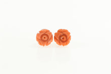 Load image into Gallery viewer, 14K Ornate Carved Coral Rose Flower Stud Earrings Yellow Gold