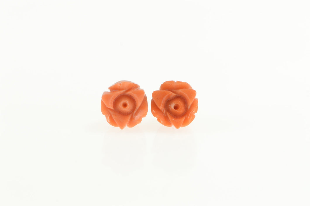 14K Ornate Carved Coral Rose Flower Stud Earrings Yellow Gold