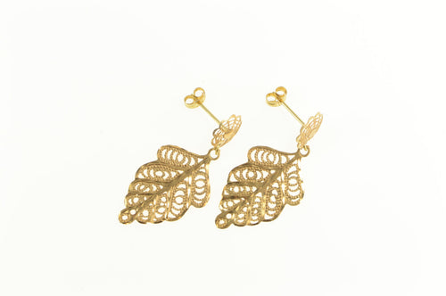 18K Ornate Scroll Filigree Leaf Retro Dangle Earrings Yellow Gold