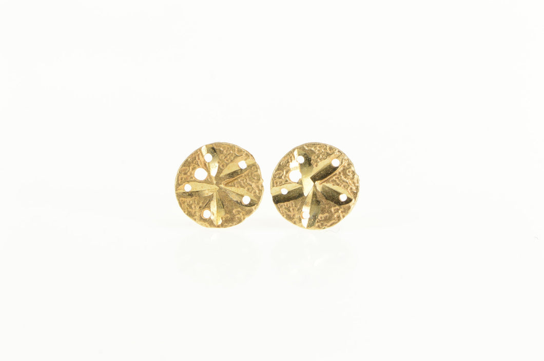 14K Diamond Cut Sand Dollar Sea Shell Stud Earrings Yellow Gold