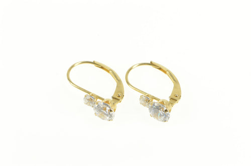 14K Tiered Two Stone Round CZ Lever Back Dangle Earrings Yellow Gold