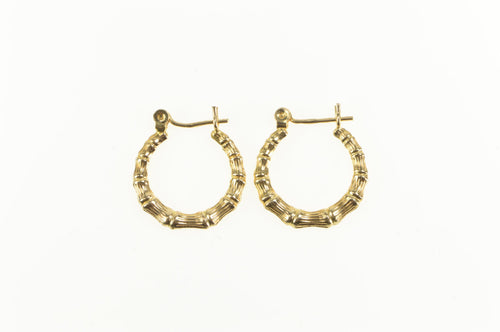14K Puffy Bamboo Pattern Retro Fashion Hoop Earrings Yellow Gold