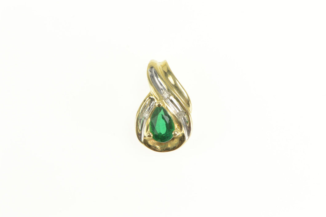 10K Pear Syn. Emerald Diamond Accent Tear Drop Pendant Yellow Gold