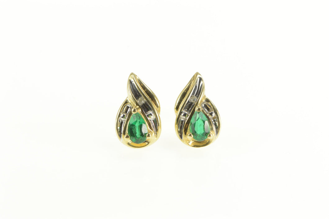 10K Pear Syn. Emerald Diamond Tear Drop Stud Earrings Yellow Gold