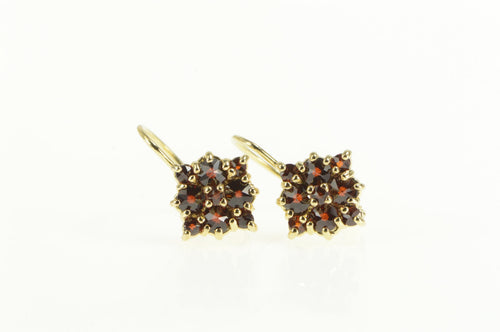 14K Ornate Garnet Squared Cluster Lever Back Earrings Yellow Gold