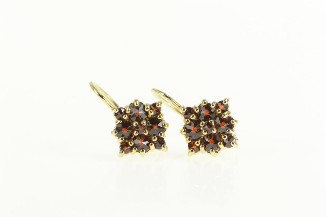 14K Ornate Garnet Squared Cluster Lever Back Earrings Yellow Gold