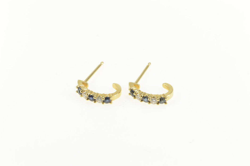 14K Natural Sapphire Diamond Semi Hoop Earrings Yellow Gold