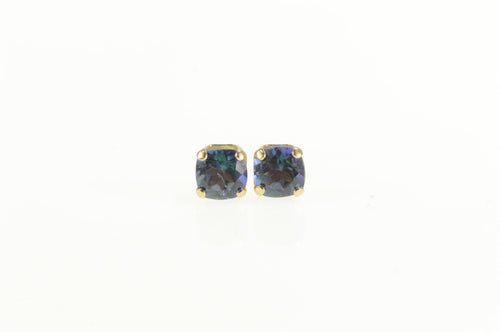 10K Cushion Syn. Alexandrite Solitaire Stud Earrings Yellow Gold