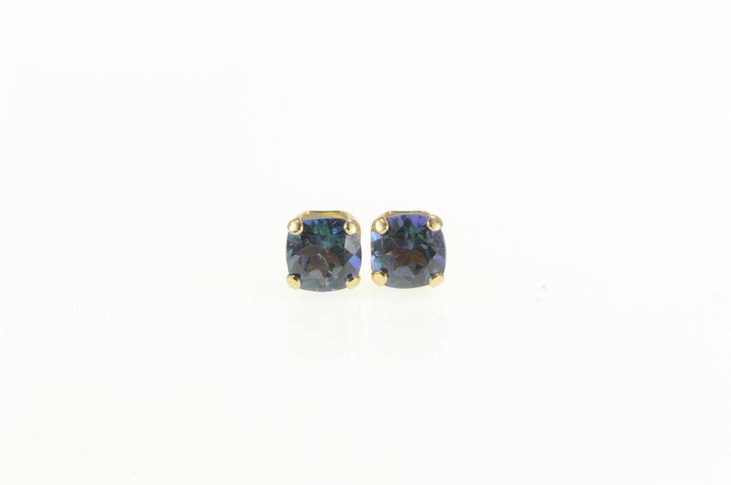 10K Cushion Syn. Alexandrite Solitaire Stud Earrings Yellow Gold