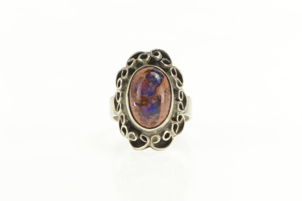 Sterling Silver Ornate Oval Cantera Opal Cabochon Statement Ring