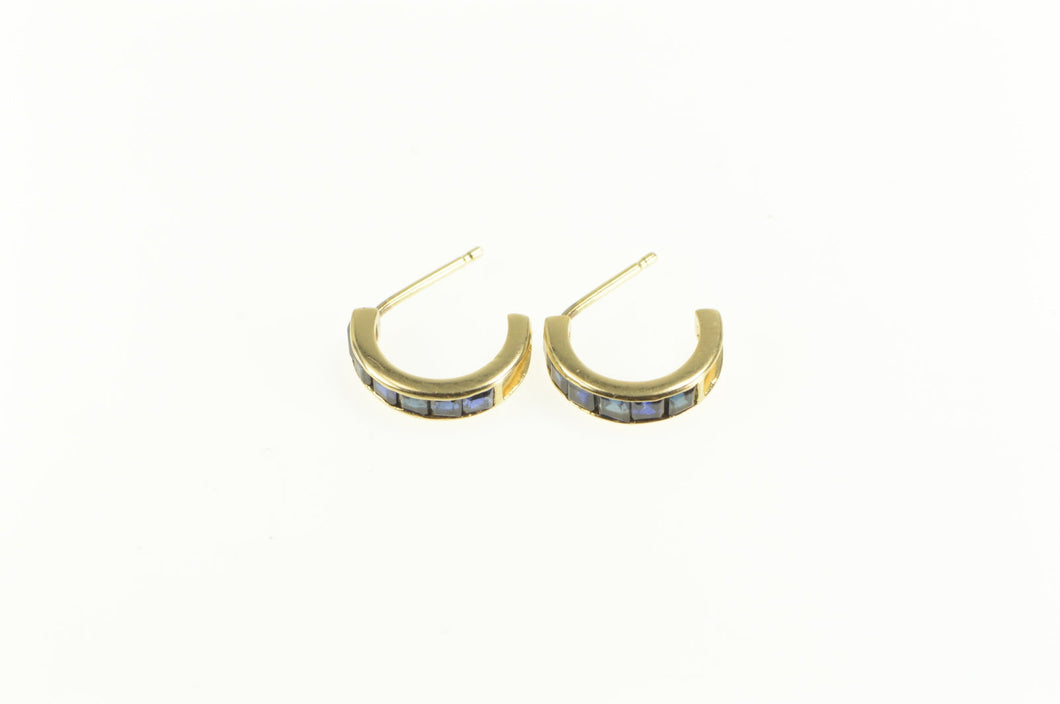 14K Princess Cut Sapphire Curved Semi Hoop Earrings Yellow Gold