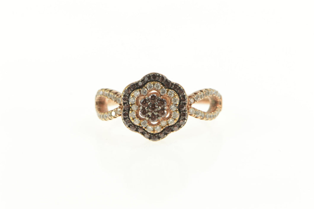 Sterling Silver Pave Flower Halo Promise White & Brown CZ Ring
