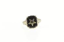 Load image into Gallery viewer, 14K Onyx Enamel Order of the Eastern Star Filigree Ring White Gold