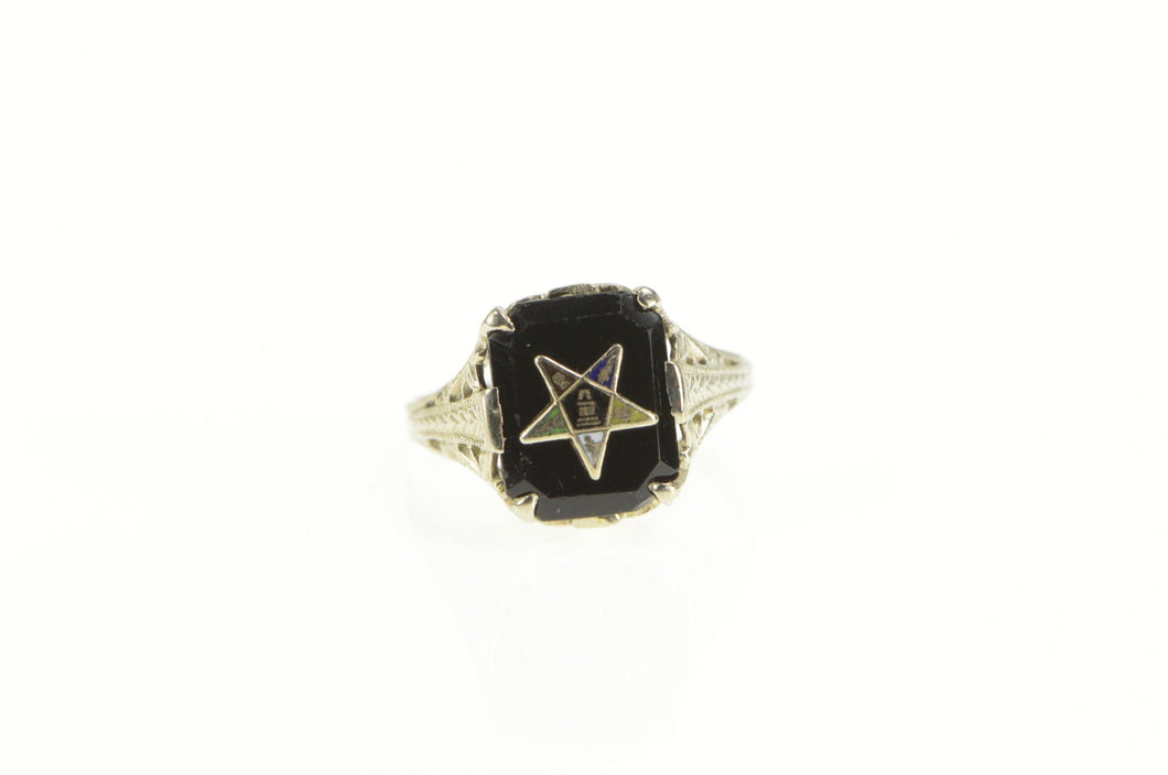 14K Onyx Enamel Order of the Eastern Star Filigree Ring White Gold