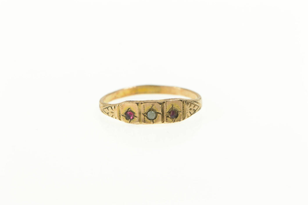 10K Victorian Seed Pearl & Syn. Ruby July Baby Ring Yellow Gold