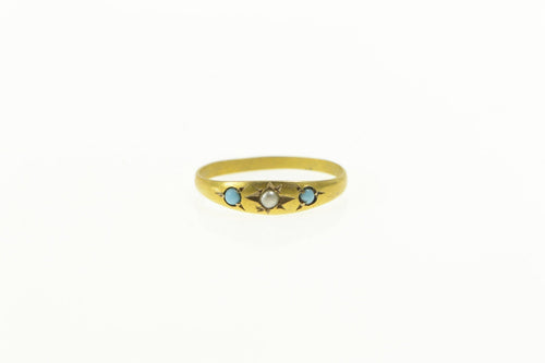 14K Victorian Seed Pearl Turquoise December Ring Yellow Gold