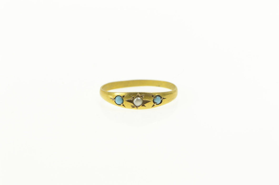 14K Victorian Seed Pearl Turquoise December Ring Yellow Gold