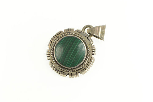 Sterling Silver Round Malachite Ornate Rope Trim Statement Pendant
