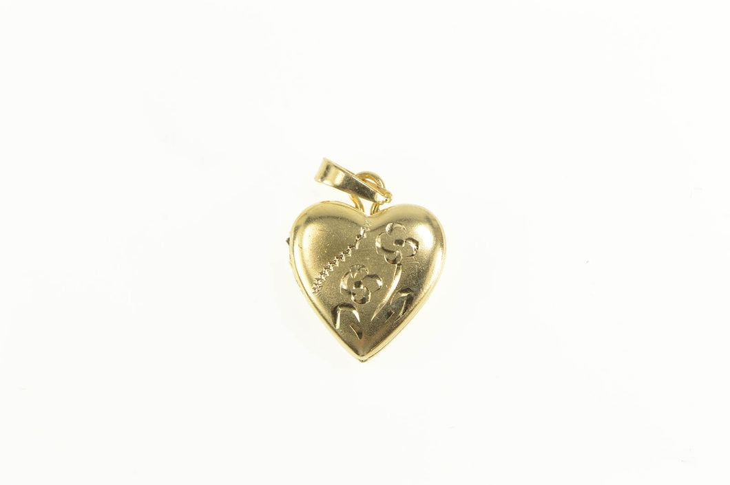 14K Diamond Cut Etched Floral Heart Locket Charm/Pendant Yellow Gold