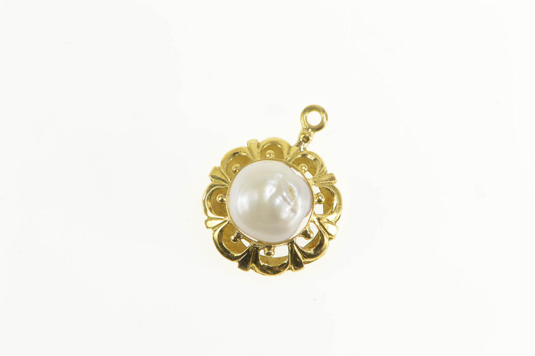 14K Retro Pearl Scalloped Flower Statement Pendant Yellow Gold