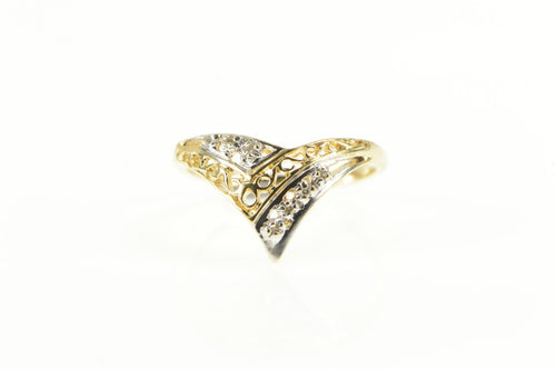 14K Two Tone Diamond Filigree Chevron Band Ring Yellow Gold