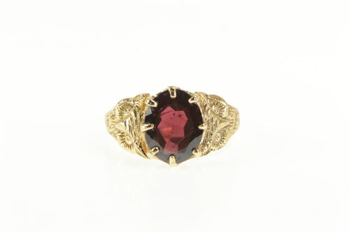 14K Victorian Ornate Garnet Owl Etched Ring Yellow Gold