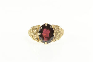14K Victorian Ornate Garnet Owl Etched Ring Yellow Gold