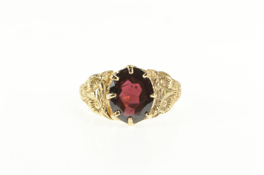 14K Victorian Ornate Garnet Owl Etched Ring Yellow Gold