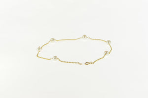 14K Pearl Beaded Cable Link Chain Anklet Bracelet 9.25" Yellow Gold
