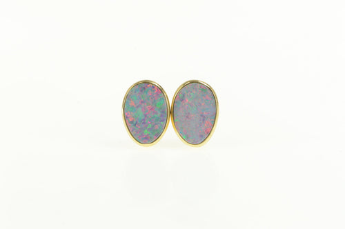14K Oval Syn. Black Opal Inlay Stud Earrings Yellow Gold