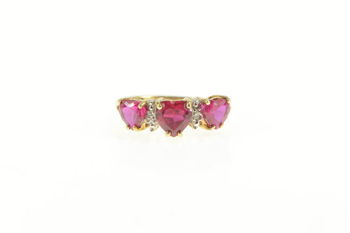 10K Three Stone Syn. Ruby Diamond Statement Ring Yellow Gold
