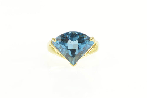 14K Blue Topaz Shield Cut Ornate Cocktail Statement Ring Yellow Gold