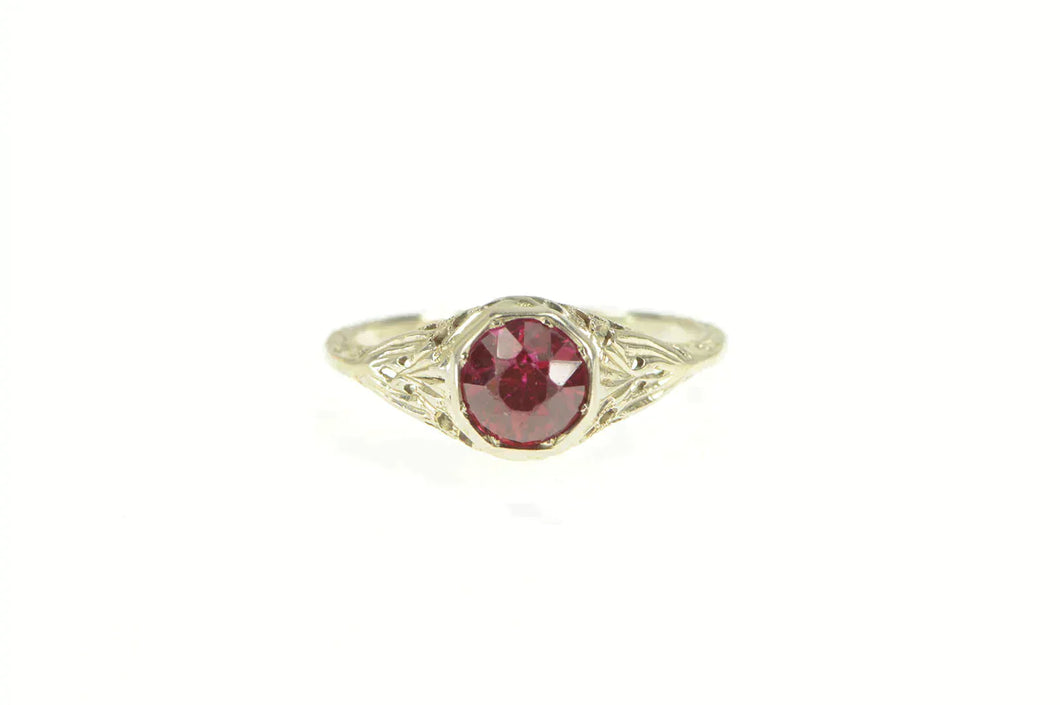 18K Art Deco Filigree Sim. Ruby Ornate Engagement Ring White Gold