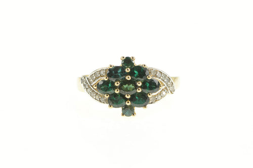 14K Green Tourmaline Cluster Diamond Statement Ring Yellow Gold