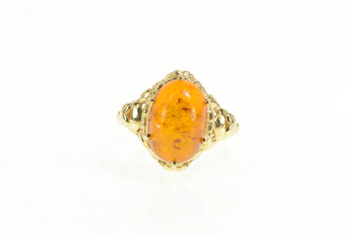 14K Oval Amber Cabochon Retro Ornate Statement Ring Yellow Gold