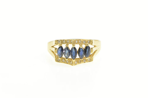 14K Marquise Natural Sapphire Diamond Curved Ring Yellow Gold