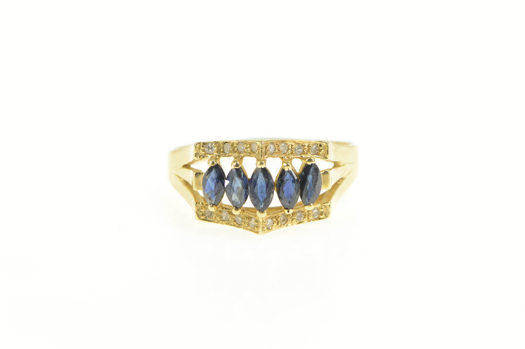 14K Marquise Natural Sapphire Diamond Curved Ring Yellow Gold