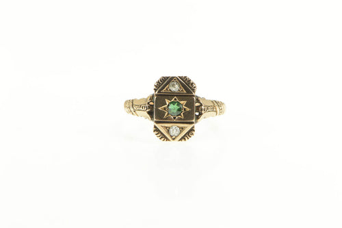 14K Victorian Syn. Emerald OEC Diamond Ornate Ring Yellow Gold