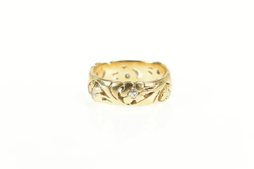 14K Art Nouveau Diamond Floral Scroll Wedding Band Ring Yellow Gold