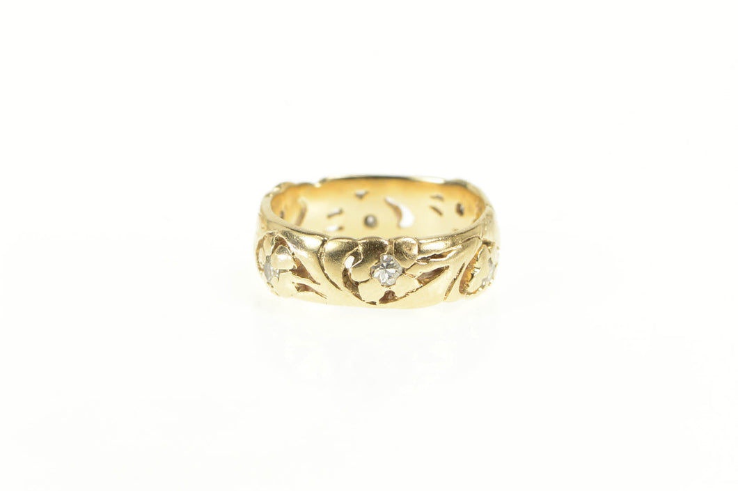 14K Art Nouveau Diamond Floral Scroll Wedding Band Ring Yellow Gold