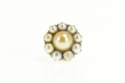 14K Victorian Sim. Pearl Round Cluster Cocktail Ring Yellow Gold