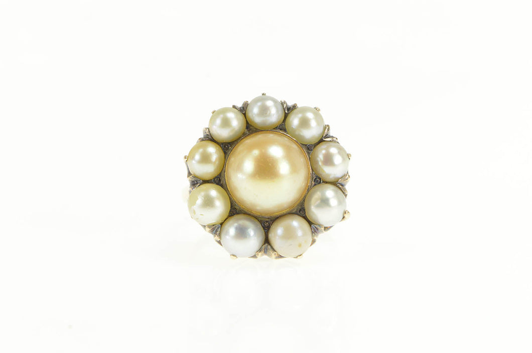 14K Victorian Sim. Pearl Round Cluster Cocktail Ring Yellow Gold