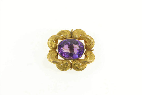 14K Victorian Ornate Oval Amethyst Elaborate Scroll Pin/Brooch Yellow Gold