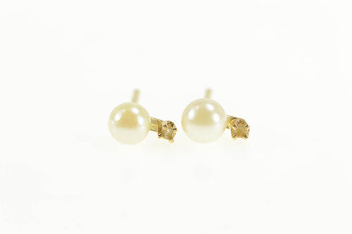 14K Pearl Diamond Accent Classic Stud Earrings Yellow Gold