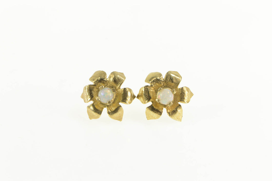 14K Opal 3D Flower Blossom Stud Statement Earrings Yellow Gold