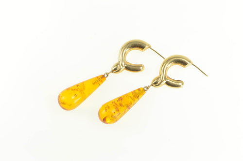 14K Retro Puffy Knot Tear Drop Amber Dangle Earrings Yellow Gold