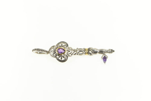 Sterling Silver 14K Gold Amethyst Ornate Skeleton Key Pendant