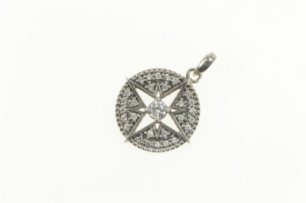 Sterling Silver Round North Star Compass Pave CZ Round Pendant