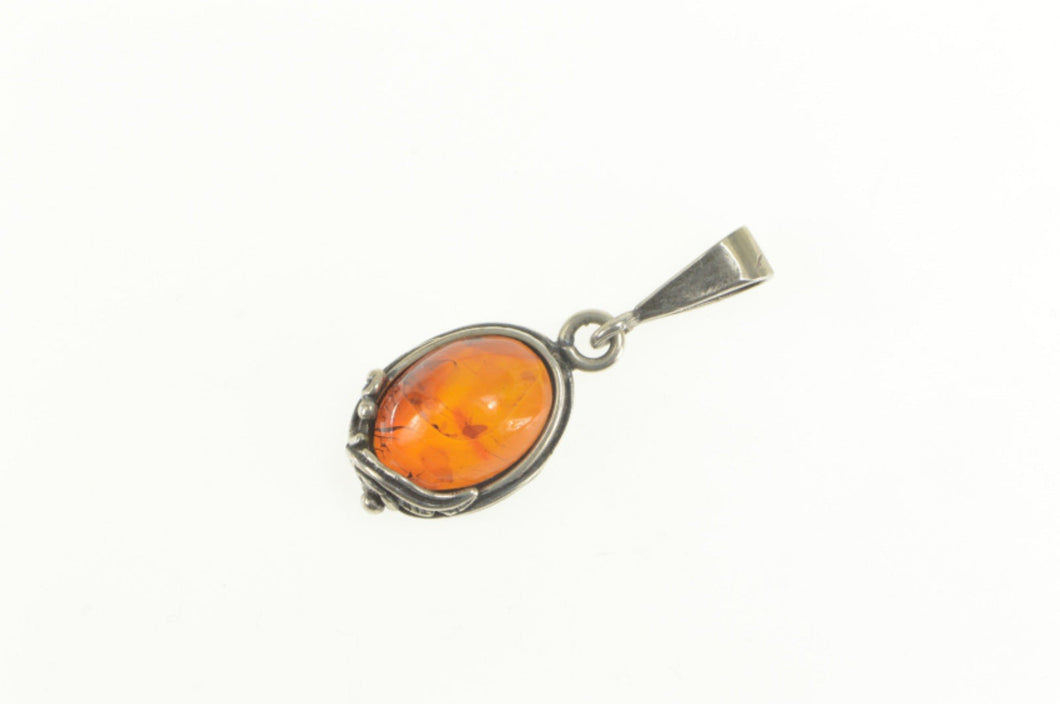 Sterling Silver Oval Amber Cabochon Natural Vine Motif Pendant