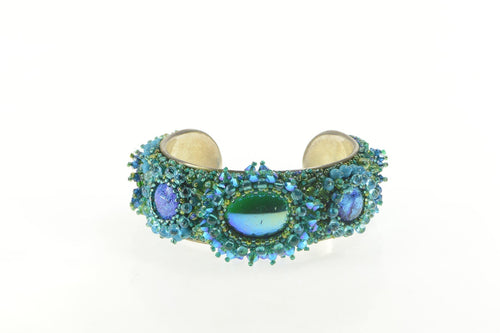 Sterling Silver Blue Beaded Art Glass Fringe Statement Cuff Bracelet 6.75